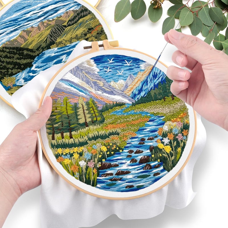 ERKOON 5 Sets Embroidery Kit for Beginners, Butterfly Cross Stitch Set for Include Embroidery Cloth Hoops Threads for Craft Lover Hand Stitch (Landscapes) - Image 5